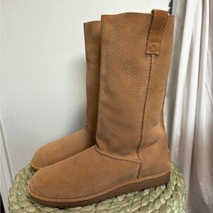 UGG Tawny Perforated Unlined Tan Suede Pull-On Mid-Calf Boot